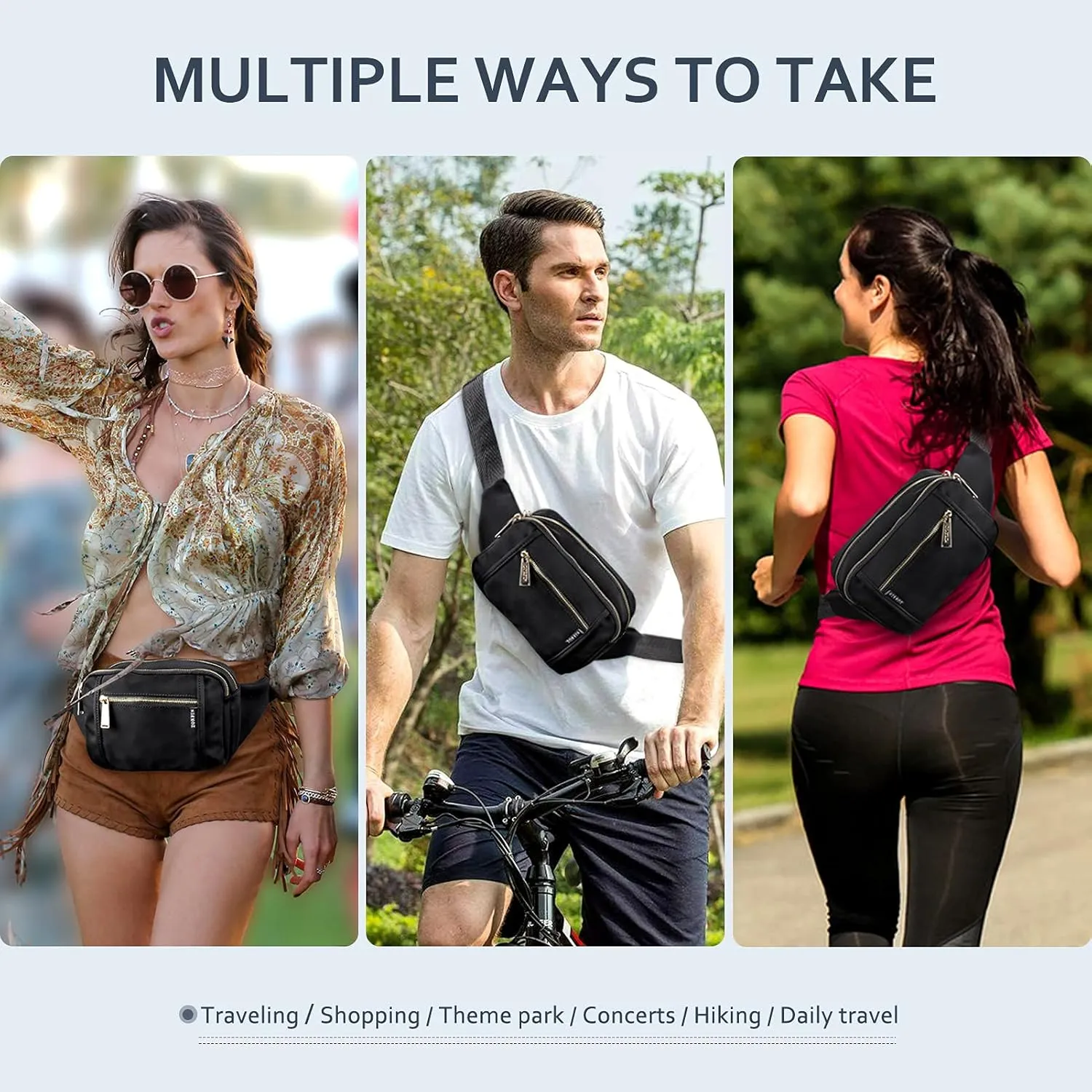 ZORFIN Fanny Packs for Women Men, Quilted Belt Bag with 5 Zipper Pockets, Fashion Waist Pack Crossbody Bag with Adjustable Belt for Travel/Shopping/Hiking/Running/Cycling (Quilted Light Brown)