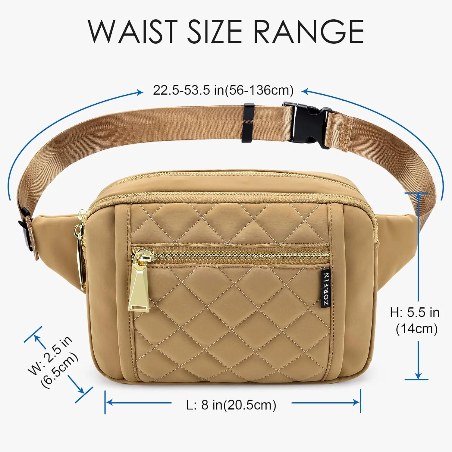 ZORFIN Fanny Packs for Women Men, Quilted Belt Bag with 5 Zipper Pockets, Fashion Waist Pack Crossbody Bag with Adjustable Belt for Travel/Shopping/Hiking/Running/Cycling (Quilted Light Brown)