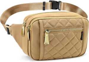 ZORFIN Fanny Packs for Women Men, Quilted Belt Bag with 5 Zipper Pockets, Fashion Waist Pack Crossbody Bag with Adjustable Belt for Travel/Shopping/Hiking/Running/Cycling (Quilted Light Brown)